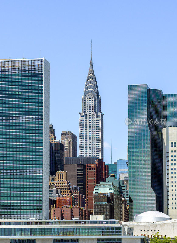 曼哈顿中城摩天大楼，联合国大厦，克莱斯勒大厦和东河水，纽约，美国。这张照片拍摄于纽约皇后区长岛市