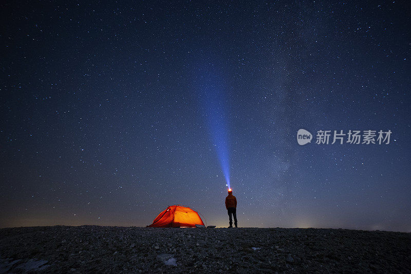 夜晚的星空下，登山者和露营帐篷