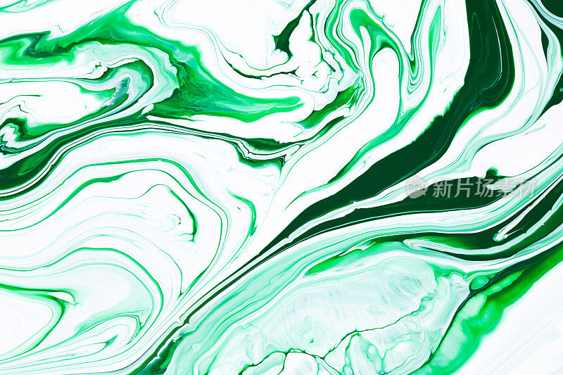 流体艺术纹理。背景与抽象彩虹色油漆效果。液体丙烯画与艺术混合颜料。可用于横幅或墙纸。翠绿色和白色溢出的颜色。
