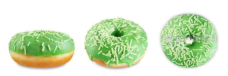 绿色的甜甜圈和白色的点缀在白色孤立的背景