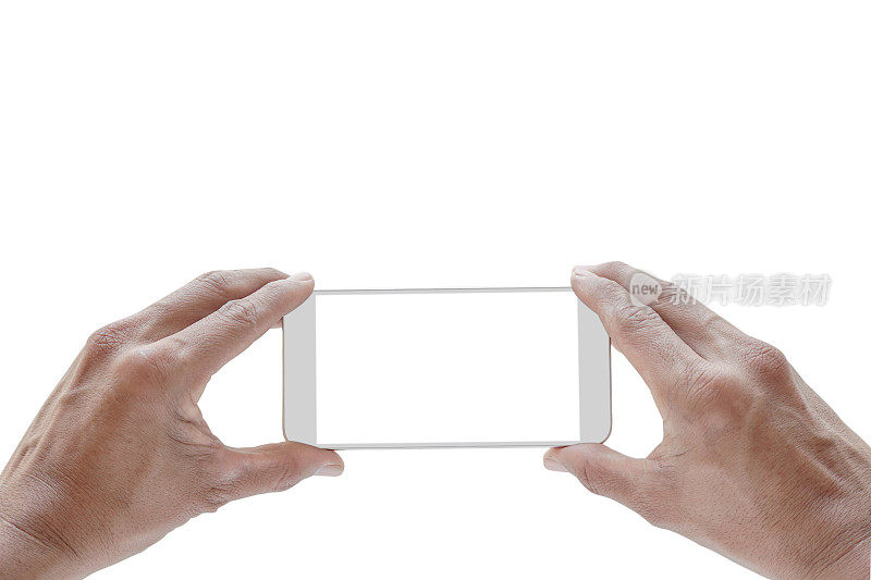 手机模型，白色屏幕与人手持智能手机，并使用触摸屏在白色背景上单独拍照，复制空间与剪切路径。