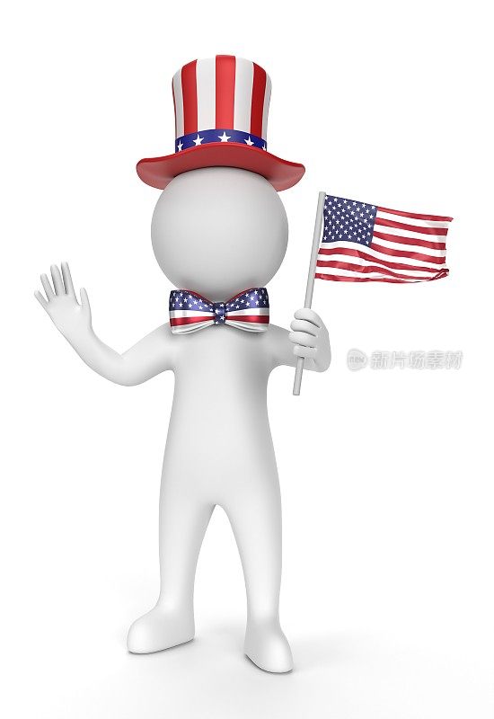 一名男子戴着软呢帽，手举美国国旗，手举白旗