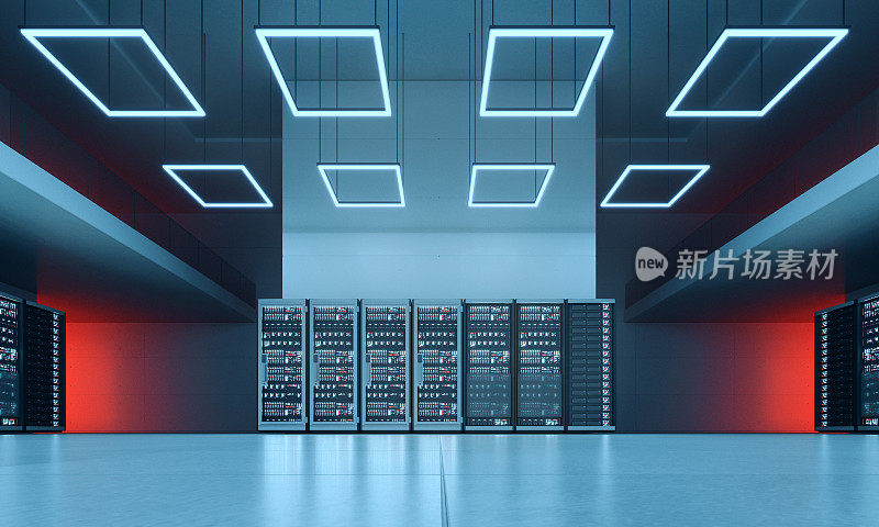 未来的数据中心，电脑服务器，在一个现代化的大厅，晚上