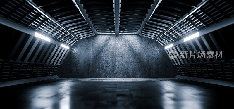 科幻未来仓库飞机库太空船逼真展厅混凝土沥青水泥钢框架走廊隧道黑暗地下地下室三维渲染