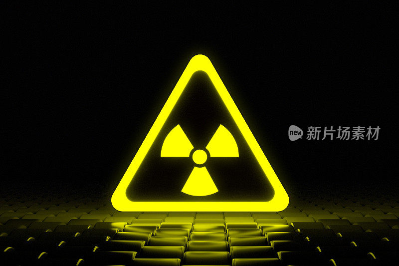 发光的三角形标志着放射性威胁。化学工业。发展化学武器。核能的研究。注意有毒污染。三维渲染