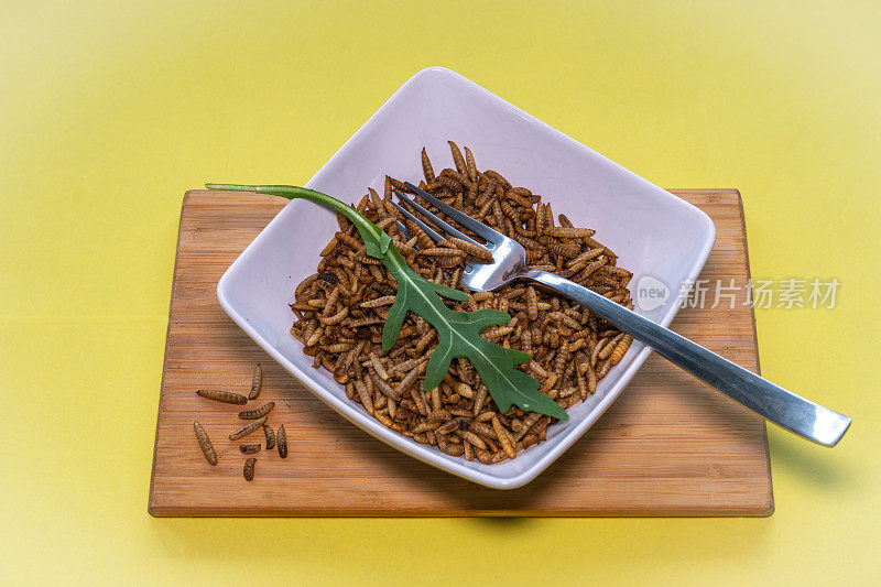 用叉子叉在碗里的粉虫，替代富含蛋白质的食用昆虫