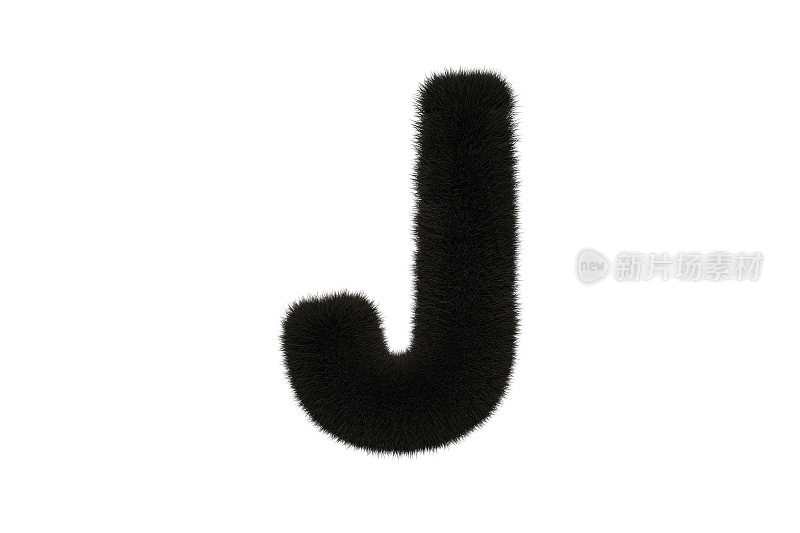 字母J与黑色蓬松毛茸茸的皮毛大写白色背景