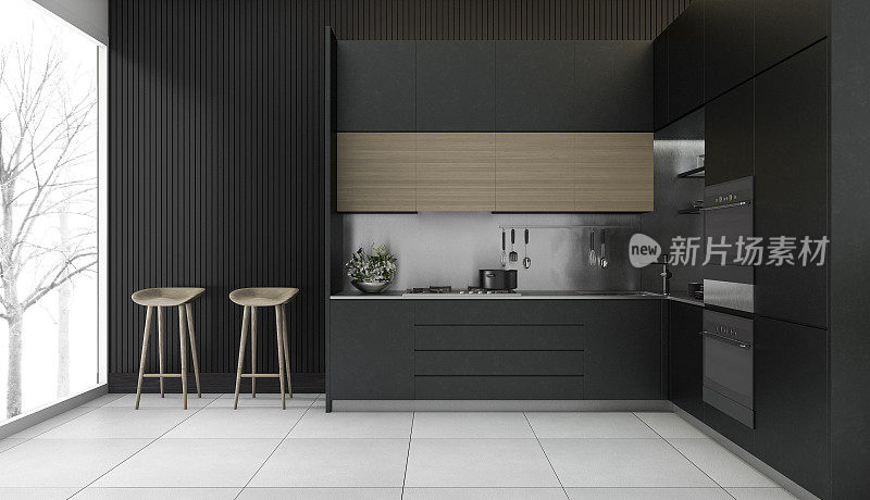 3d渲染现代深色木材厨房与冬季视图