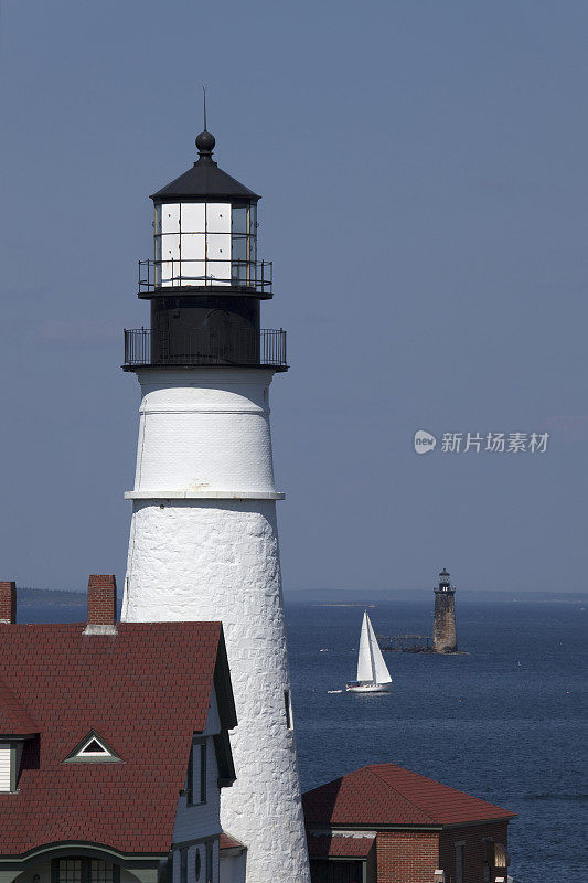 帆船和缅因州的波特兰岬灯塔