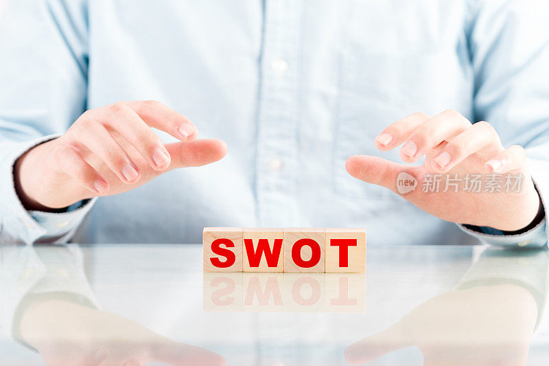 保护双手以上的木立方体与词swot