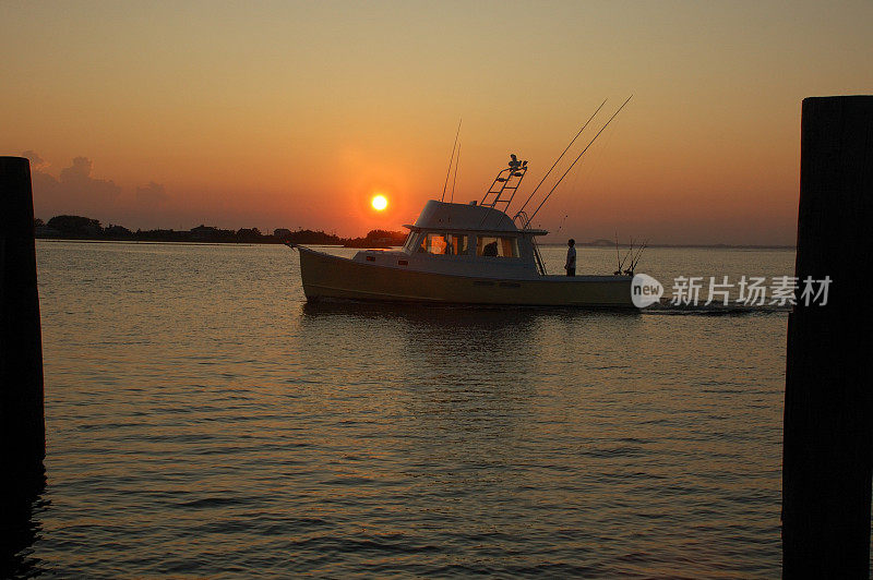 在橙黄的夕阳下，船返回码头