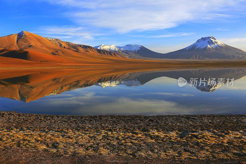 拉古纳勒加，勒加湖反射在戏剧性的金色日出，火山和田诗式的阿塔卡马沙漠高原与Lascar火山，火山景观全景-圣佩德罗阿塔卡马，智利，Bolívia和阿根廷边境