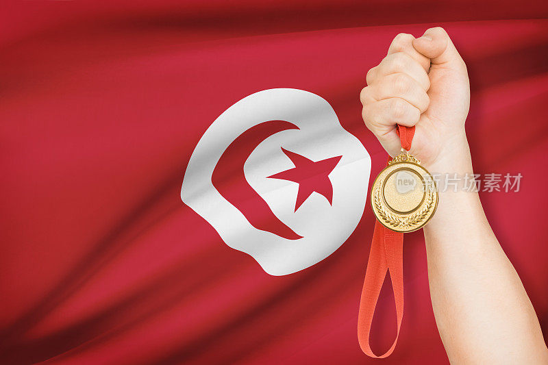 徽章和旗帜在手背景-突尼斯共和国