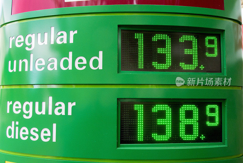 近距离查看汽油，油泵显示与汽油价格。