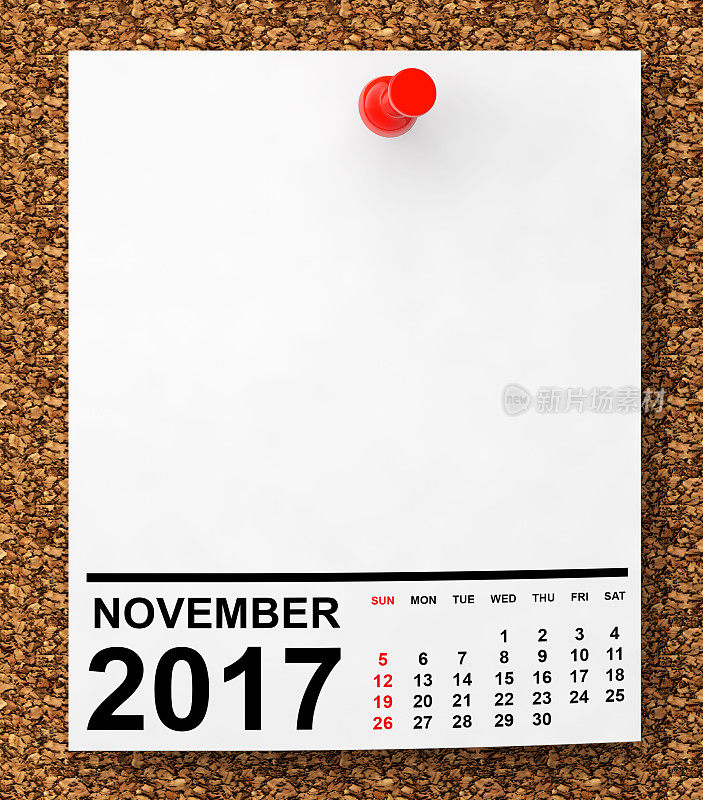 2017年11月的日历。三维渲染