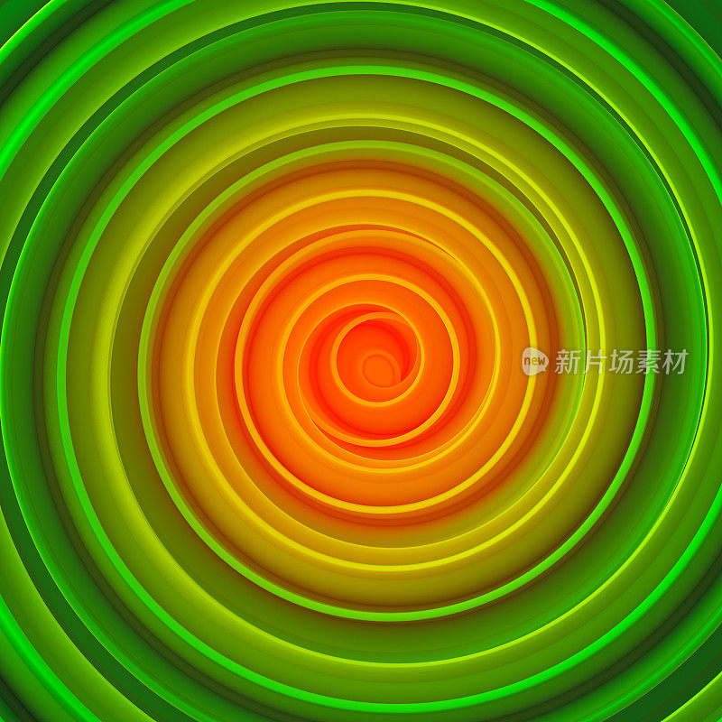 橙色和绿色扭曲催眠形状抽象3D渲染