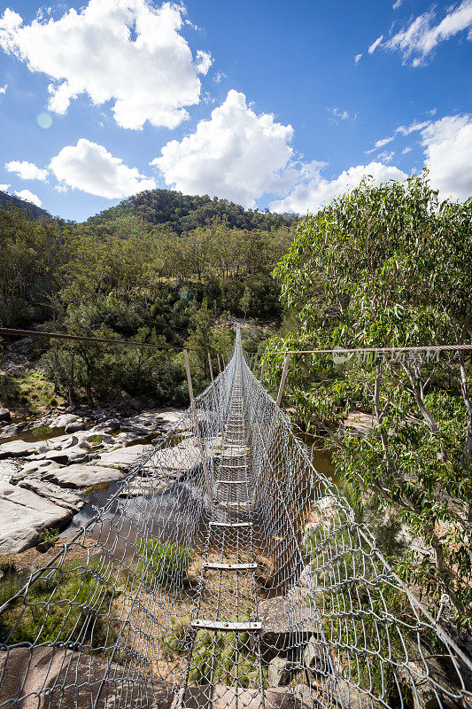 一座高高的吊桥横跨峡谷延伸到远处