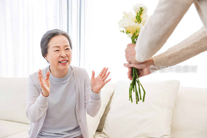 韩国人，老年人，夫妇，老年夫妇(夫妇)，花束，微笑，感情(明亮的表情)，喜悦