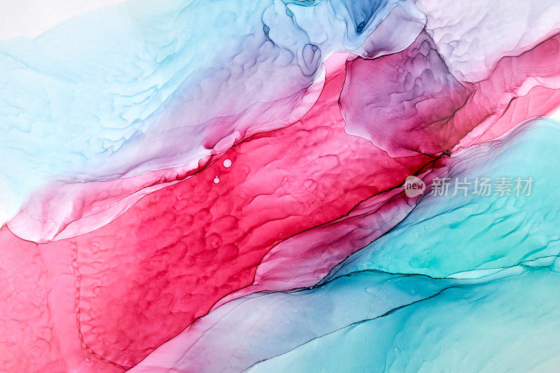 蓝色粉红色墨水抽象背景，大理石纹理，流体艺术图案壁纸，油漆混合水下波浪斑点和污渍
