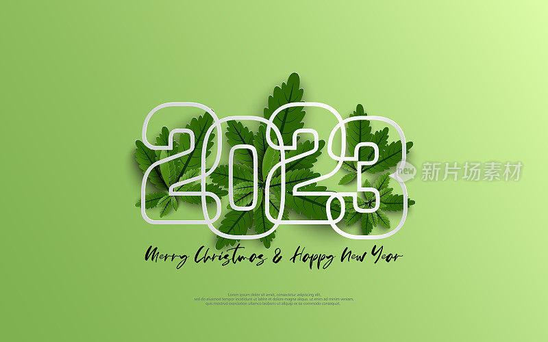 2023年新年快乐，圣诞快乐。绿色渐变背景上绿叶组上的设计数字轮廓。