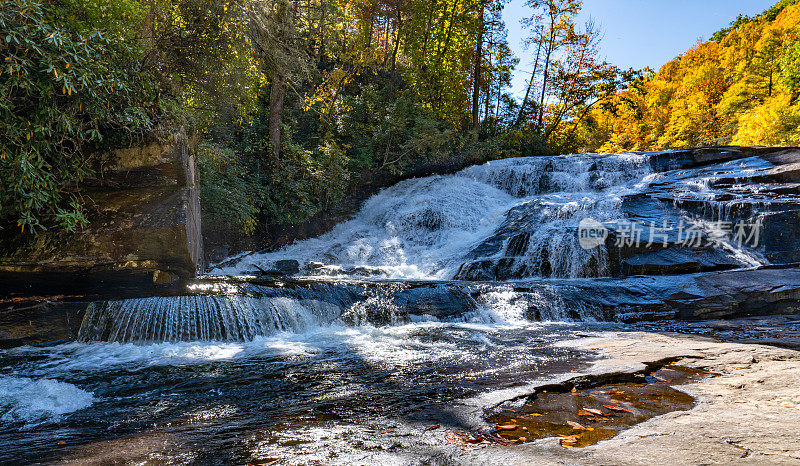 美国北卡罗来纳州阿什维尔附近杜邦州立休闲森林的三瀑布附近美丽的秋天树叶