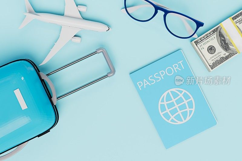 坐飞机很贵。飞机，护照，眼镜，行李，蓝色背景的钱。三维渲染
