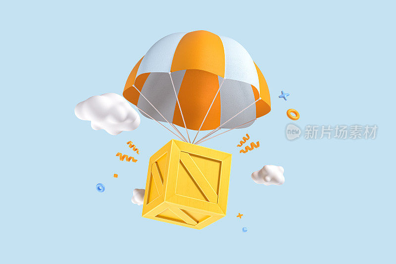 3D橙色降落伞携带木质黄色礼品盒飞行。三维渲染插图