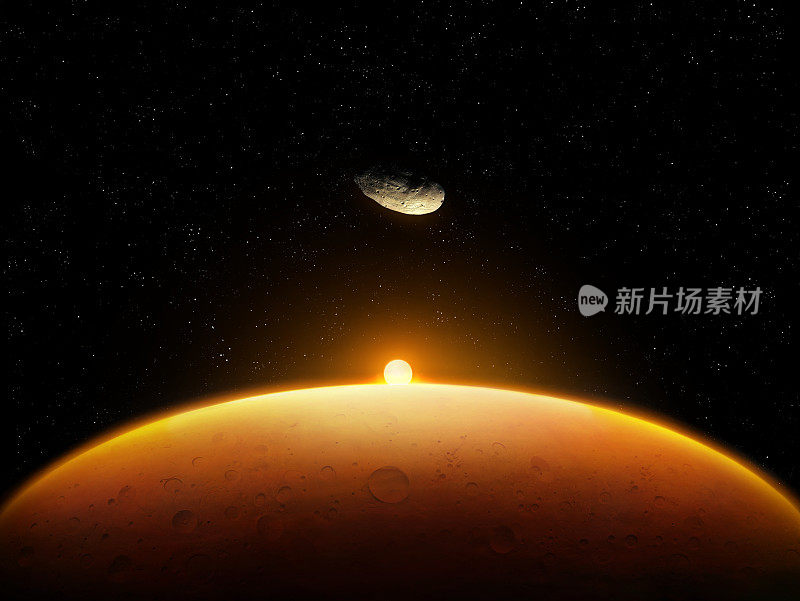 火星的卫星火卫一在地表上方的空间。这颗红色星球的景观。