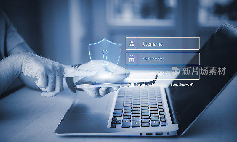 网络安全和安全密码在线登录概念手动输入社交媒体的用户名和密码，用智能手机登录到在线银行账户，数据保护黑客