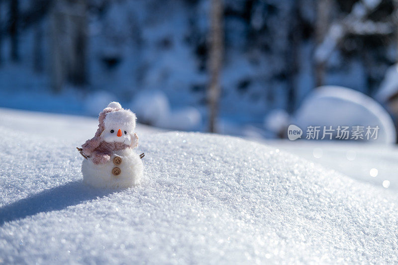 可爱的雪人玩具在雪中微笑。