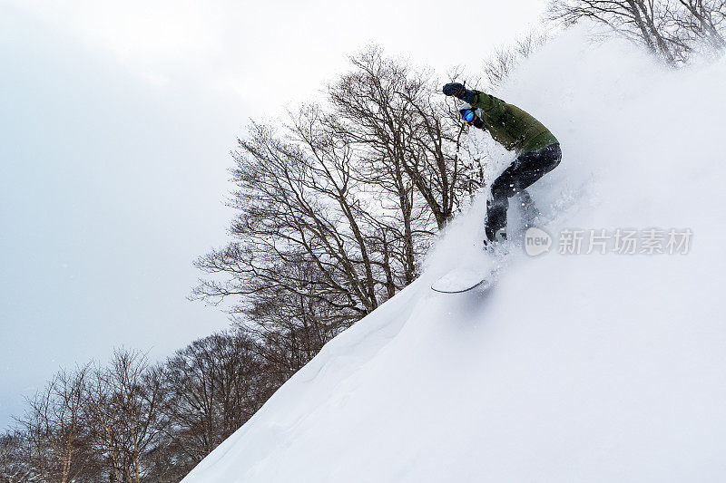 滑雪运动员在日本北部著名的粉雪上滑雪