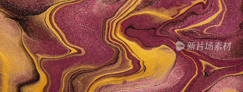 抽象流体艺术背景紫色和酒的颜色。液体的大理石。丙烯画金色线条和梯度。