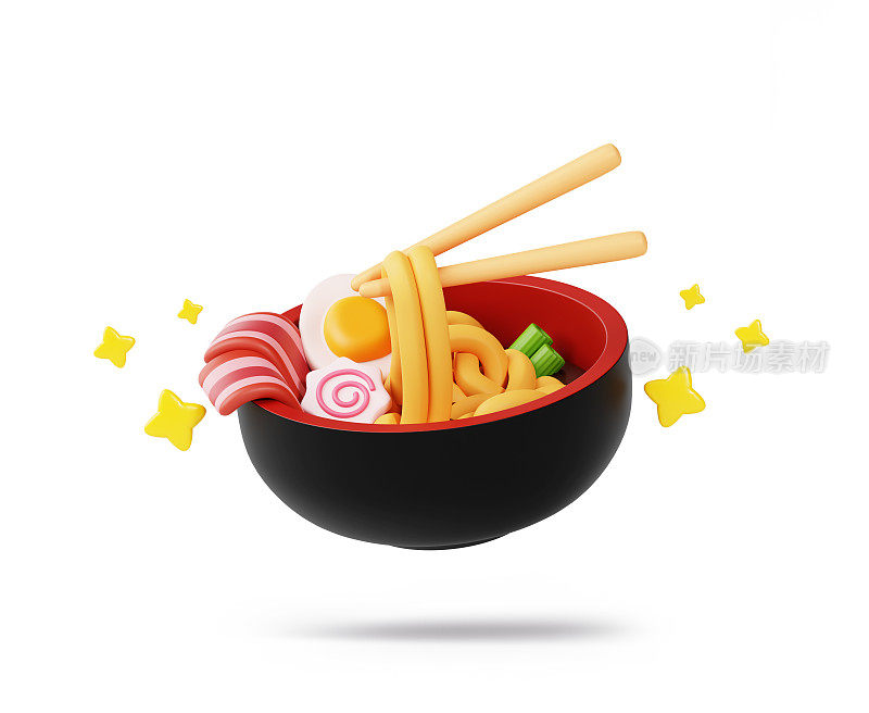 拉面鸡蛋日式亚洲美食汤面传统菜单标志卡通图标菜单3d插图