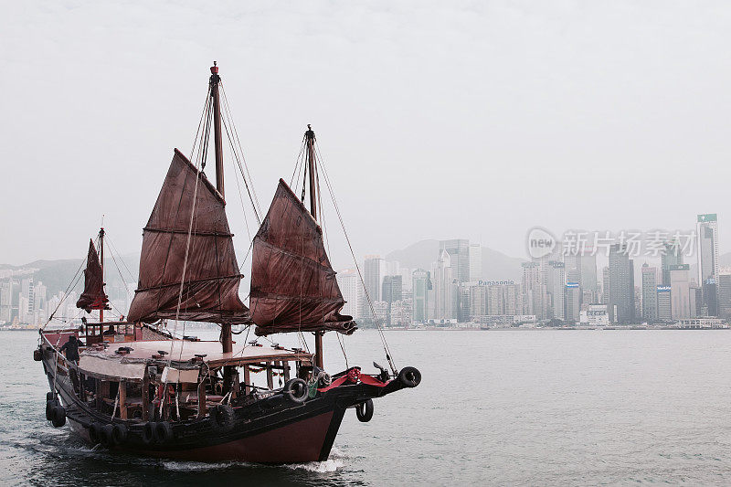 在香港维多利亚岛的港口背景上，传统的红帆帆船