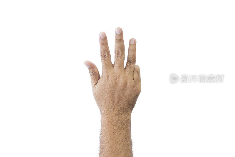 特写男人的手背。张开的手，显示五个手指的意思是九，在问候延伸复制空间孤立的白色背景。文本空间。