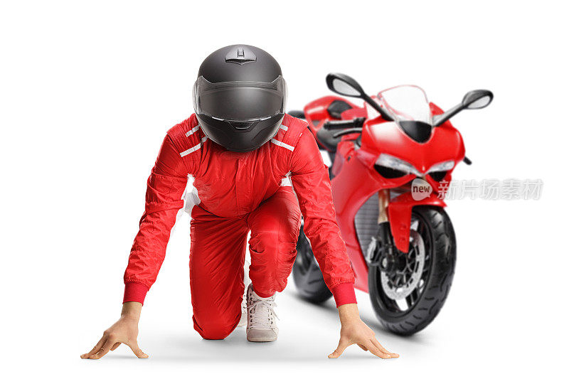 摩托车赛车手在一个固定的位置准备跑步