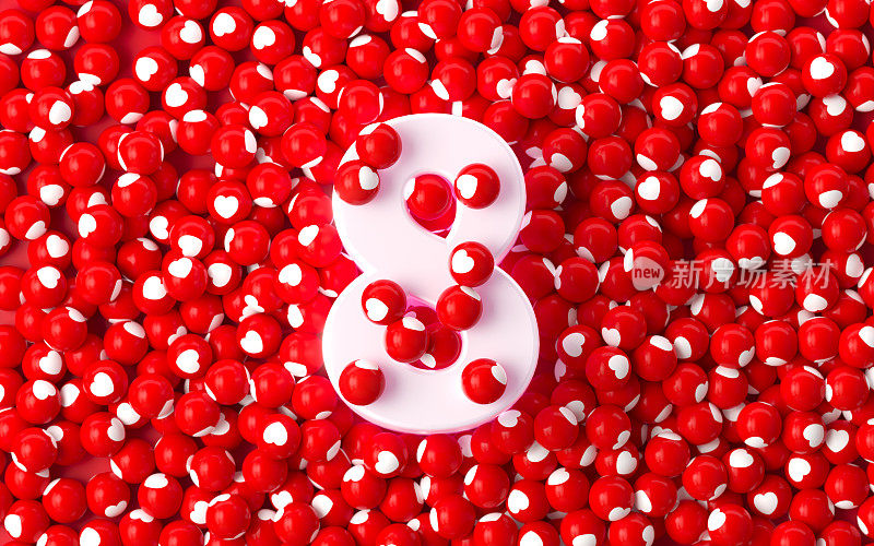 情人节背景-白色数字8被白色心形纹理的红色球体包围
