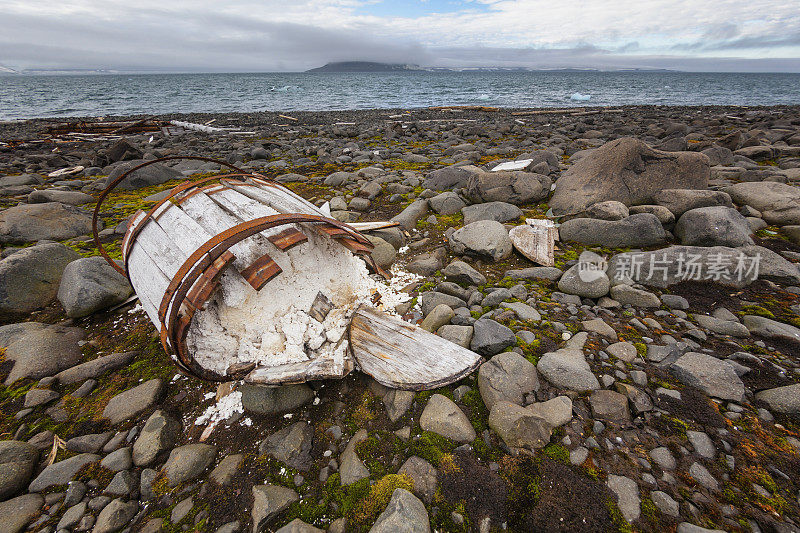北极海岸线上的旧化学桶。