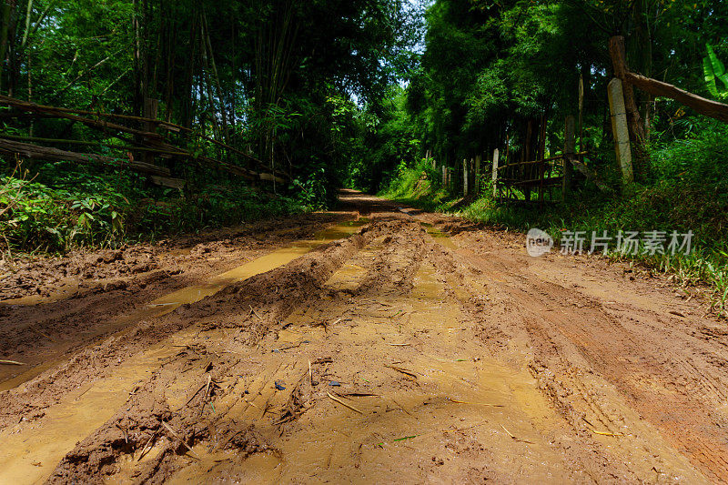 泥泞的乡村道路，穿越丛林旅行在乡村的竹林雨后。