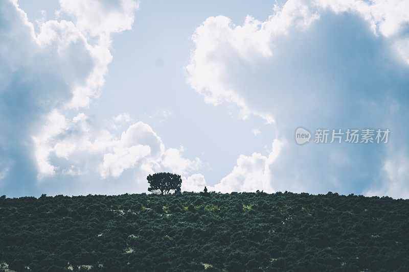 黄昏时分，孤独的牛仔骑着马爬上犹他州的一座小山