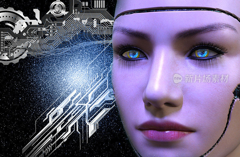 一个女性机器人脸的3D渲染