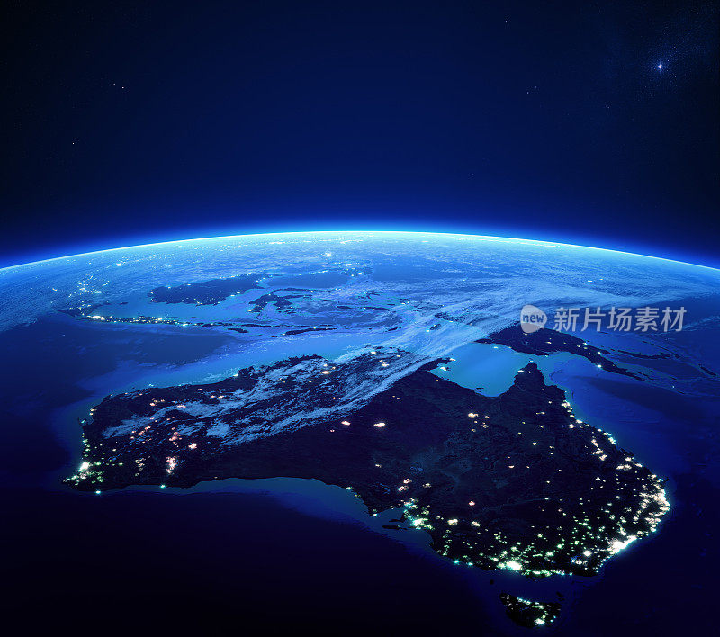 澳大利亚的城市灯光在晚上来自太空