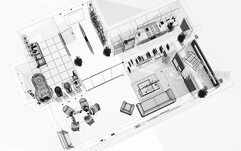 顶视图线框3D渲染。现代的室内。蓝图。体系结构抽象。