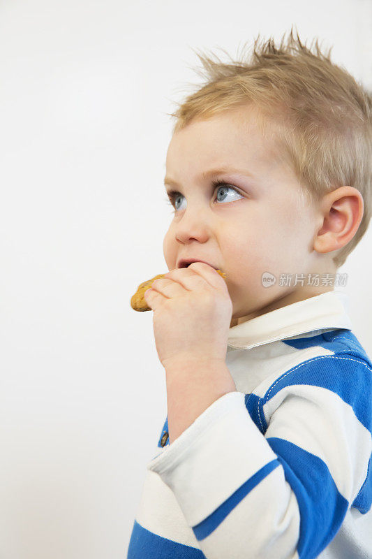 真实的四岁白人小男孩吃饼干的侧写
