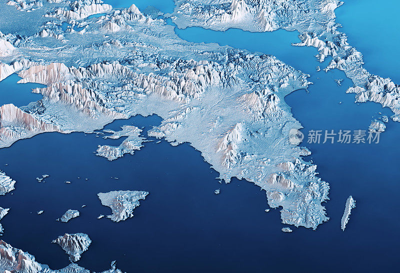 阿提卡希腊3D渲染卫星视图地形图水平蓝色