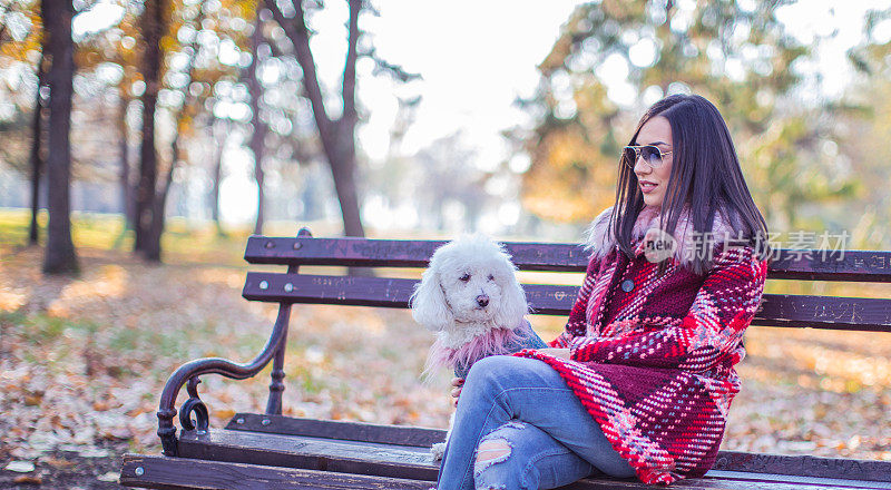 女孩和她的狗坐在长凳上