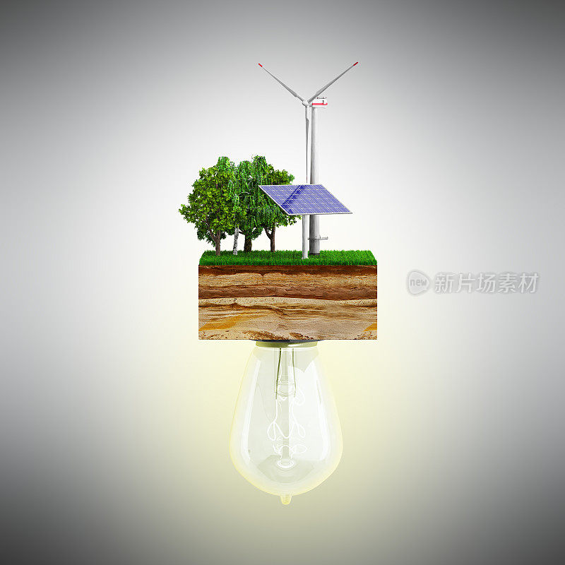清洁能源概念这只灯泡与一个风车和一个3d太阳能电池连接在一起