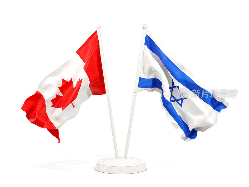 两面飘扬着的加拿大和以色列的国旗被孤立在白色之上