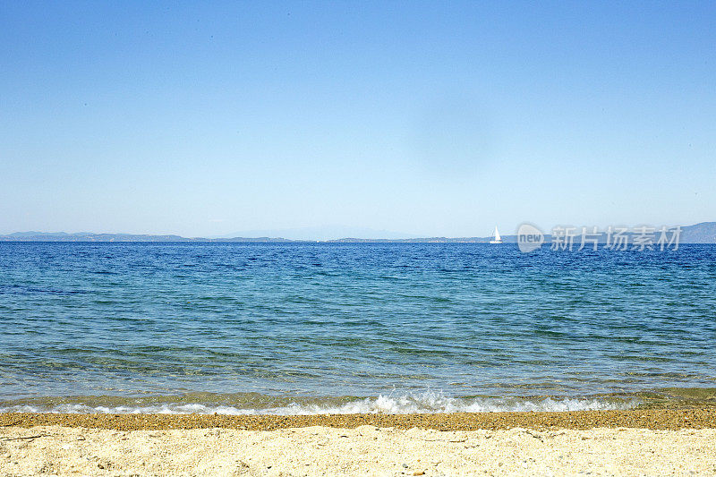 空旷的热带海滩背景。地平线上有天空和白沙