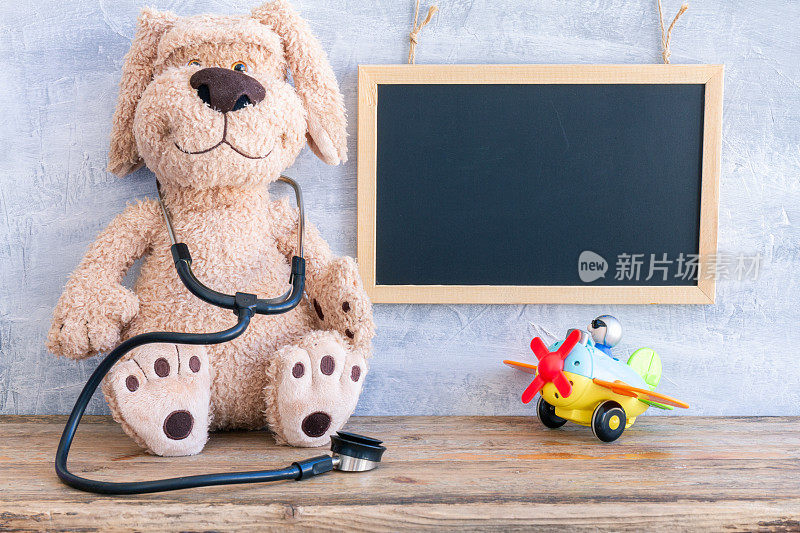 毛绒狗动物表现为一个儿科医生拿着一个带有拷贝空间的听诊器